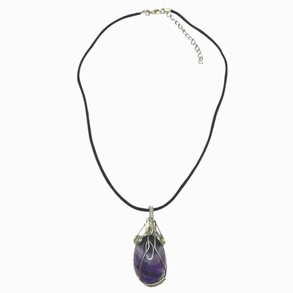 Wire Wrapped Purple Stone Pendant Necklace Black Cord Bohemian Mineral Jewelry - Picture 2 of 9